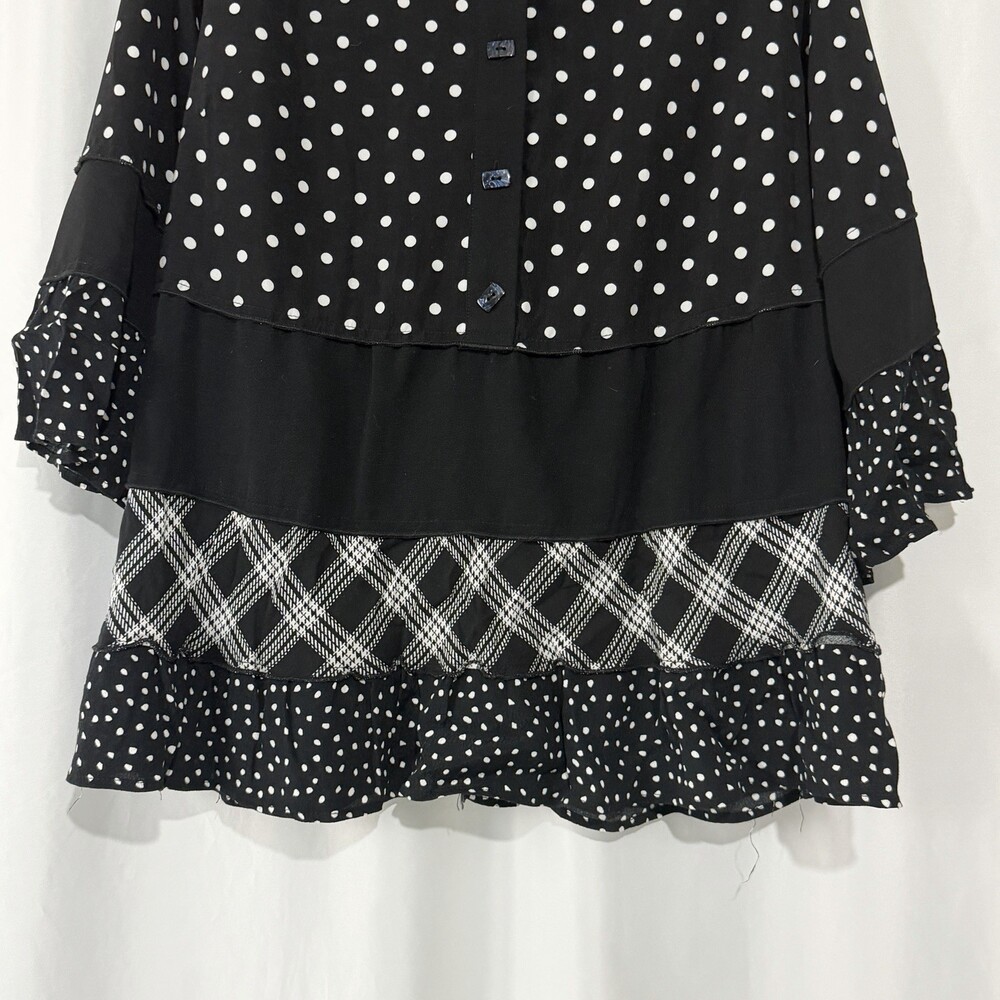 Caleooa Mixed Print Tunic Blouse Sz PL Black White Polka Dot Plaid Tiered Ruffle - Picture 3 of 11